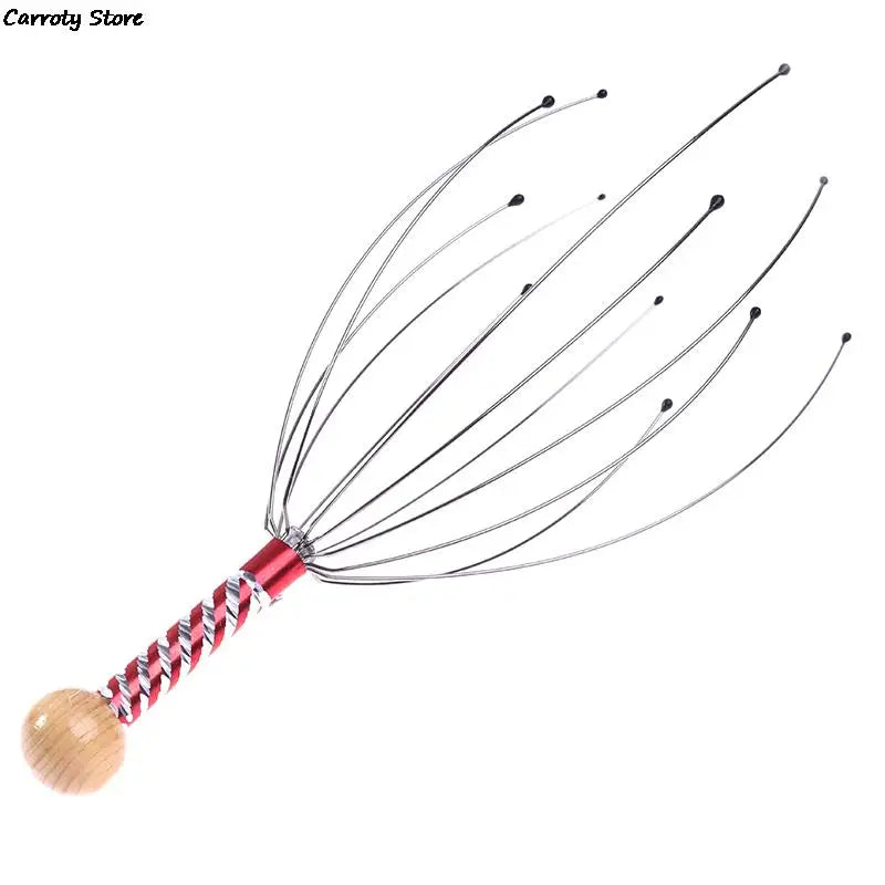 Octopus scalp massager with metal claws, red spiral handle, and wood ball tip for headache relief and stress reduction.