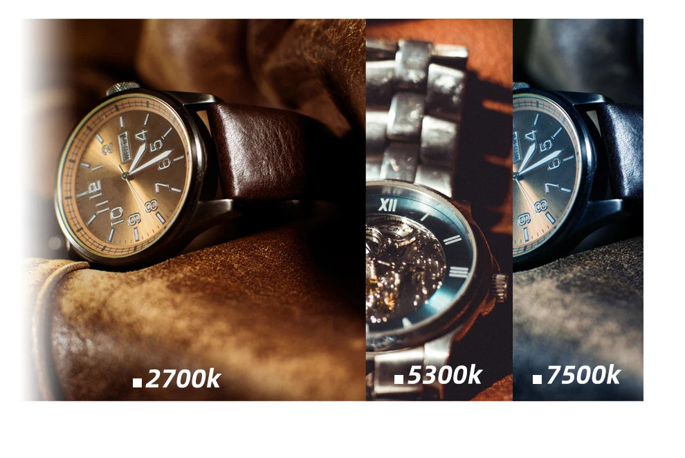 Wristwatch with brown leather strap displayed under 2700k, 5300k, and 7500k color temperatures.