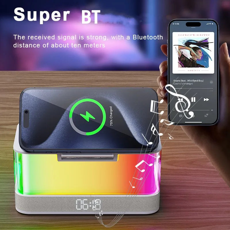 Hot Products Bedroom Multifunctional RGB Night Light Alarm Clock Mobile Phone Holder BT Speaker 6 in 1 Wireless Charger 15W Tidesmit