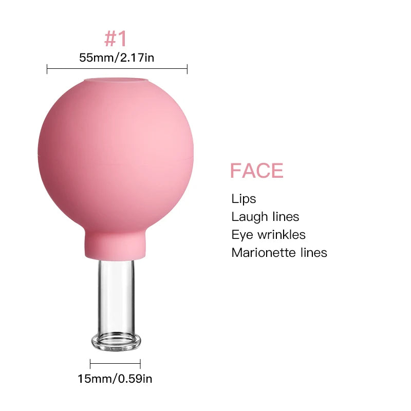 A pink silicone bulb facial cupping device with a clear glass suction head, labeled for face and wrinkle treatment.