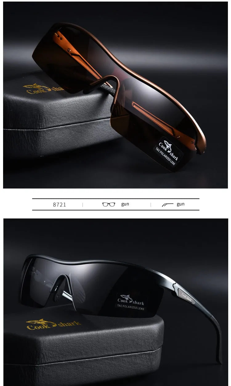 Wraparound polarized sunglasses in bronze and gunmetal with hardshell cases for outdoor sports and driving.
