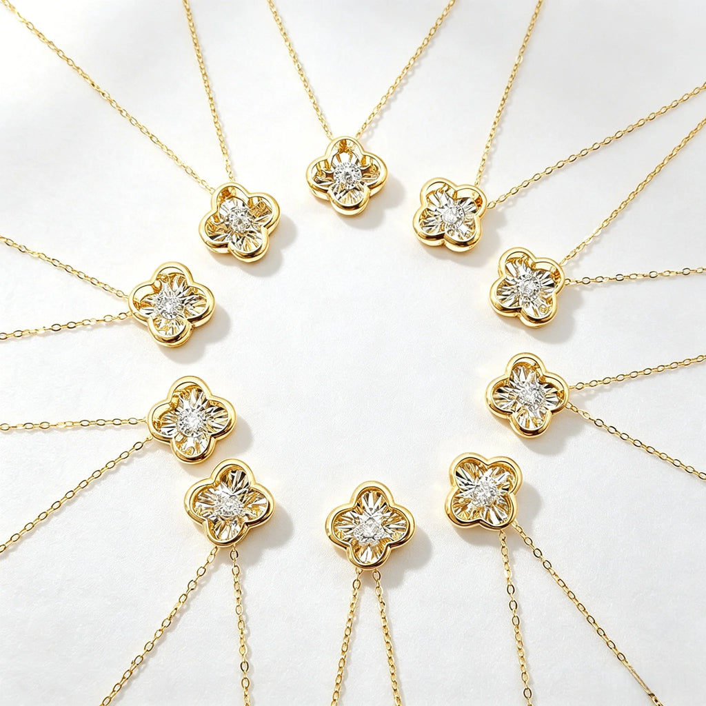 Newest 18K Solid Gold Four Leaf Clover Dancing Diamond Pendant Necklace Trendy Women Jewelry Wholesale Drop Shipping