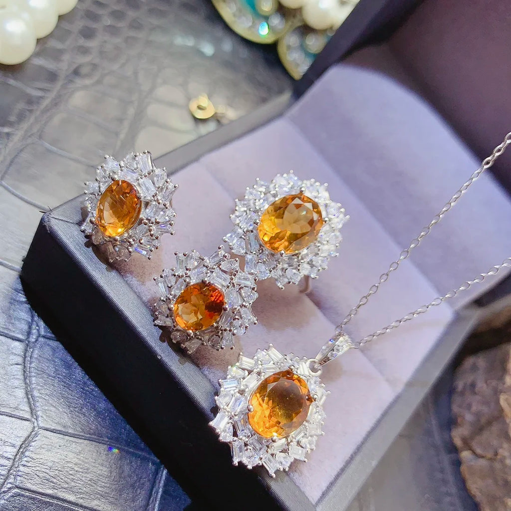 New Design 925 Sterling Silver 18k White Gold Plated Natural Citrine Luxury Women Gemstone Fine Jewelry Set Wedding Party CMA