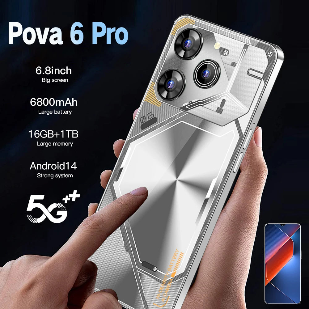 Unlocked Pova 6 Pro 5G Smartphone 16GB RAM 1TB ROM Long Battery Life Dual SIM Android Smart 5G Phone Tidesmit