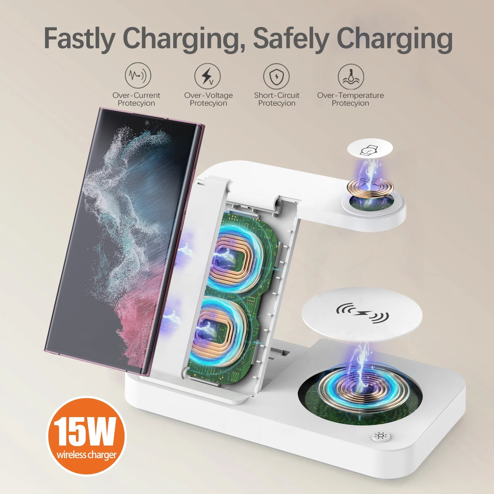 Wireless Charger 3in1 4 in 1 15w Fast Charging Station Foldable Adjustable Phone Charger Dock for iPhone Apple Watch for Airpods Tidesmit