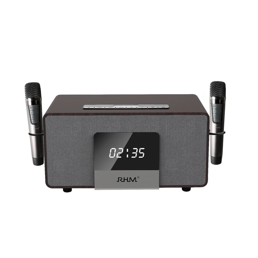 RHM K222 Wireless BT Karaoke Subwoofer Speaker Two Microphones Mini Design Wood Material DC Power Personal Remote Control Box Wood 3" My Store