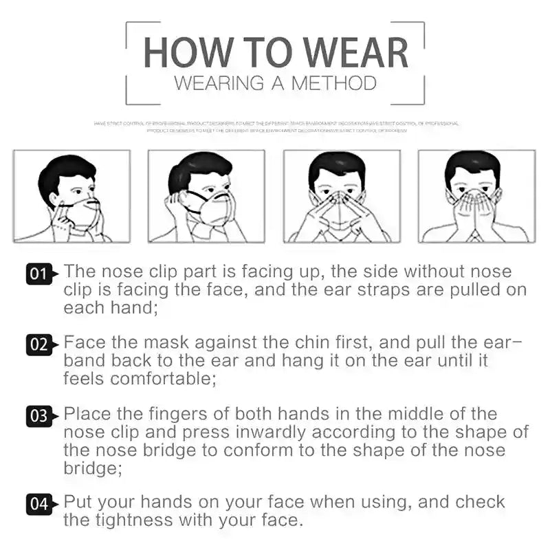 Instructional diagram showing steps to wear a 4-layer FFP2 KN95 respirator mask with adjustable nose clip for protection.
