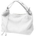 Luxury white leather hobo handbag with a singular strap, silver zipper, and dangling tassel details. Designer style.