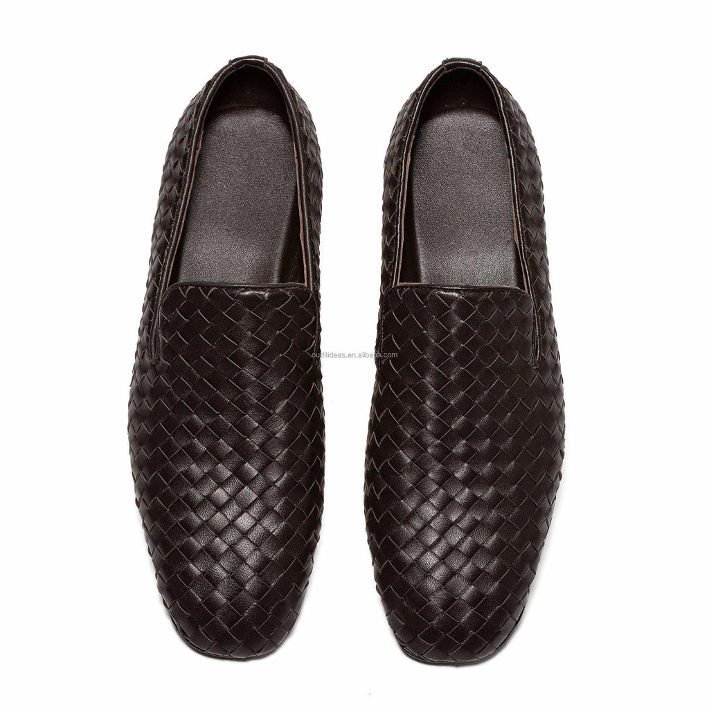 Large Size 47 Genuine Leather Intreccia Sunday Slippers Unisex Women Slip-on Dress Men Wedding Shoes Brown Men Leather Loafers