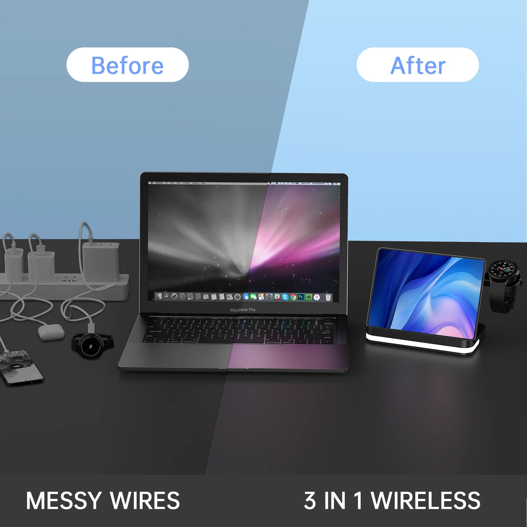 Power bank charger-2024 3-in-1 Wireless Charger Station 15W Fast Charging Magnetic Stand Smartphones Tablets Headphones Watches (QC3.0 Compatible) Tidesmit