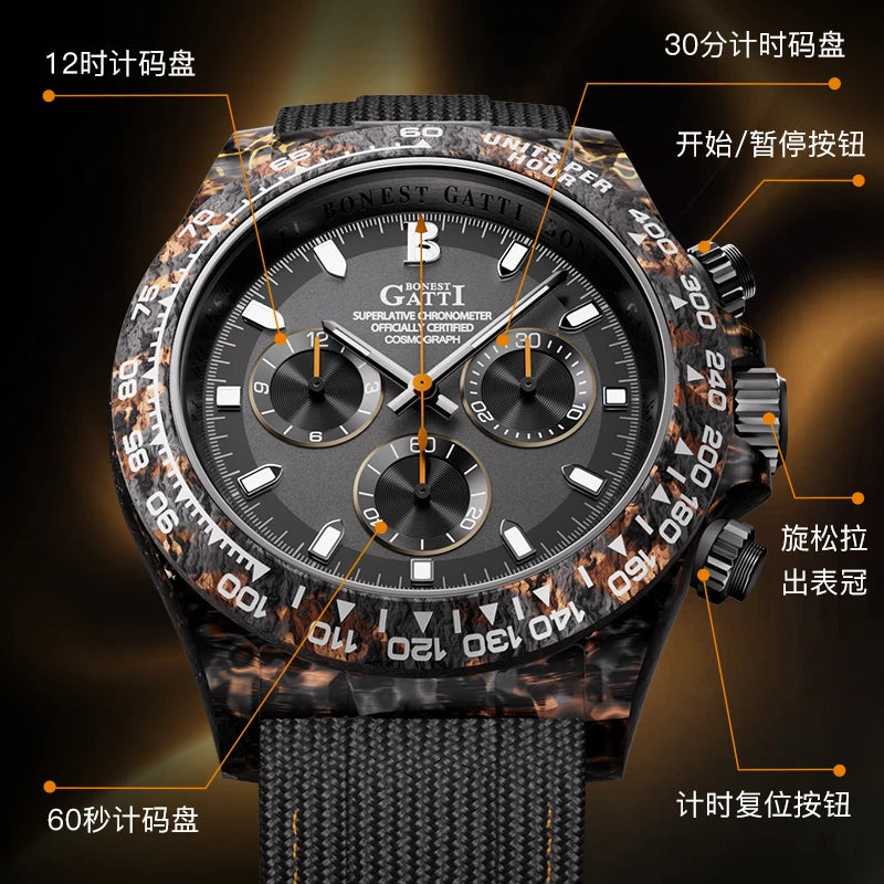 Automatic Mechanical Chronograph Watch Carbon Fiber Speedometer Ring 1600 Degree Sintered High Hardness Luminous