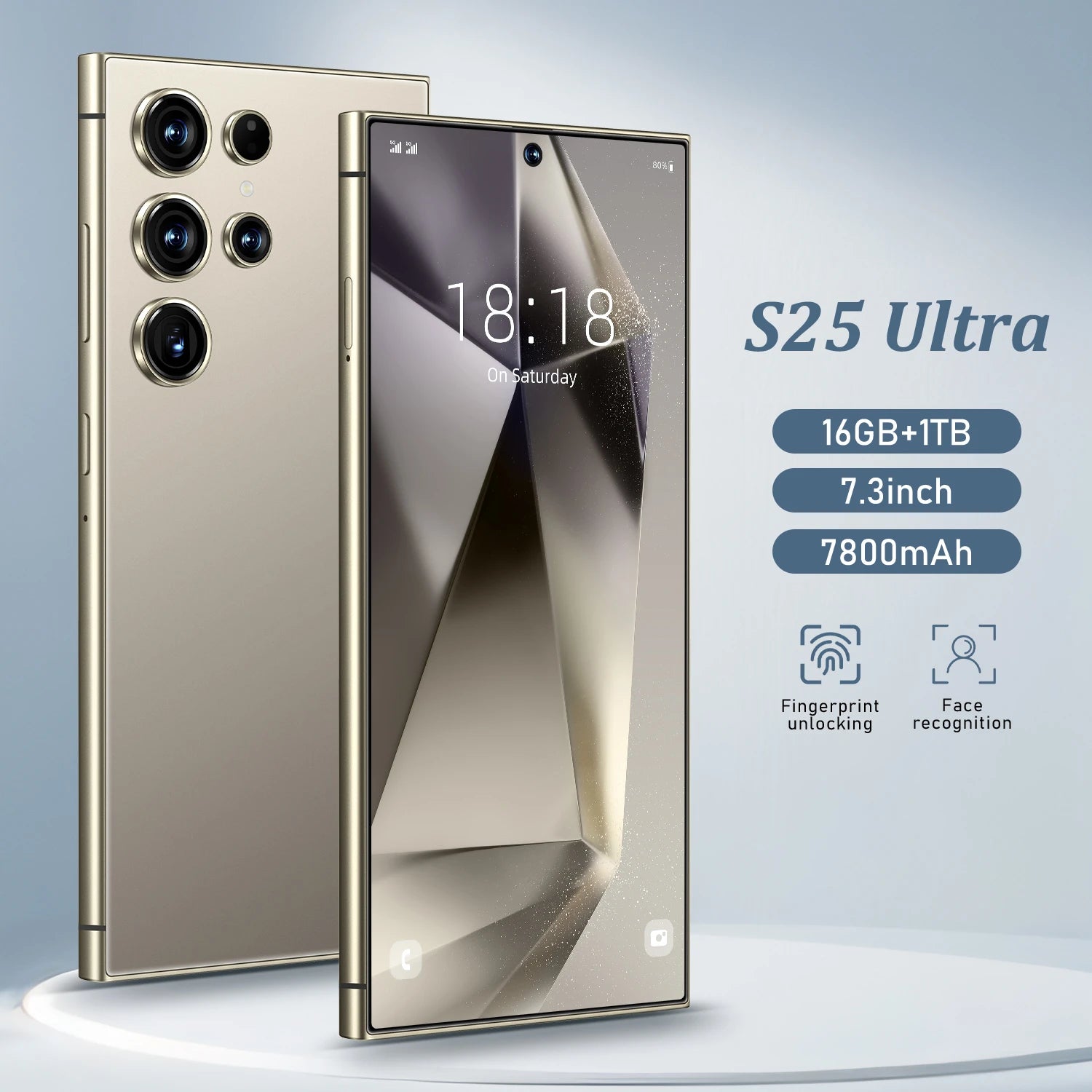 Tidesmit S25 Ultra 5G smartphone with 7.3-inch HD screen, 16GB RAM, 1TB storage, and 108MP camera.