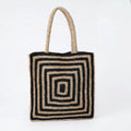 Black and beige crochet tote bag with geometric square pattern, woven lightweight material, ideal for beach or daily use.