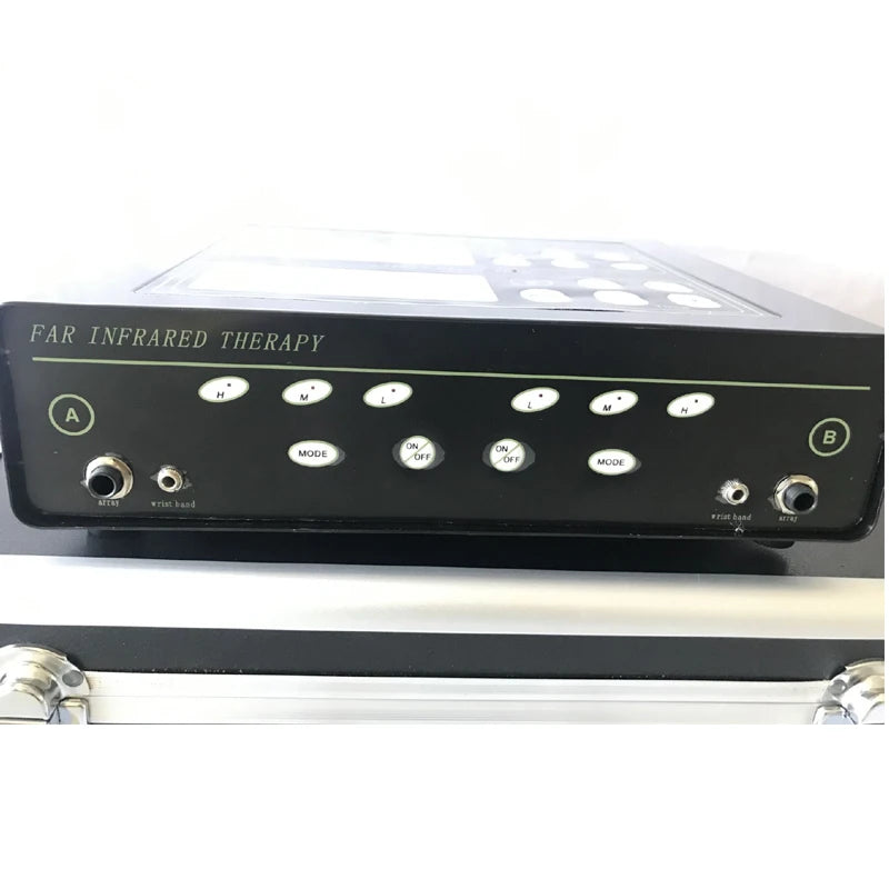 Dual ionic detox foot spa machine with control panel, far infrared therapy settings, and ports for array and wristband.