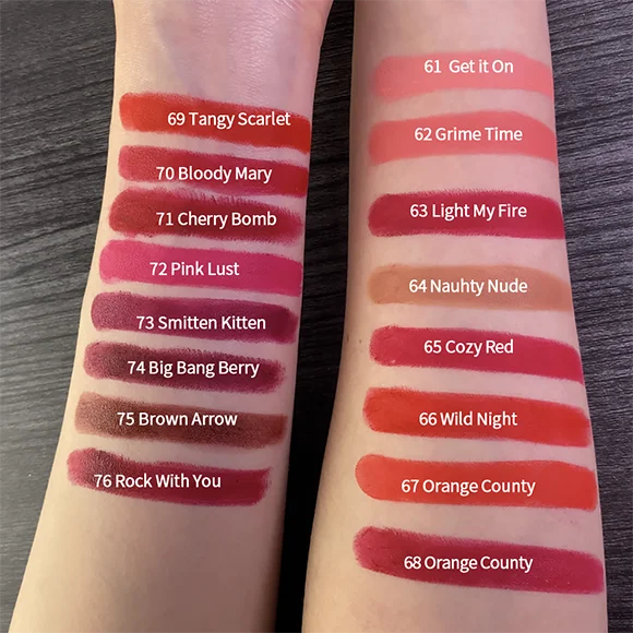 CHARMACY 16-color velvet matte lipstick swatches on arms, showcasing long-lasting waterproof lip makeup shades.
