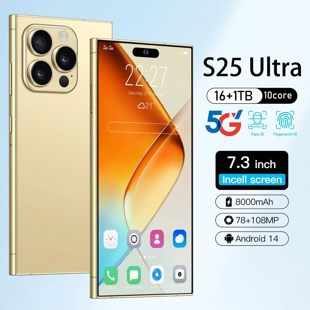 Tidesmit S25Ultra 5G smartphone with built-in pen, 7.3-inch screen, 16GB RAM, 1TB storage, and 20MP camera.