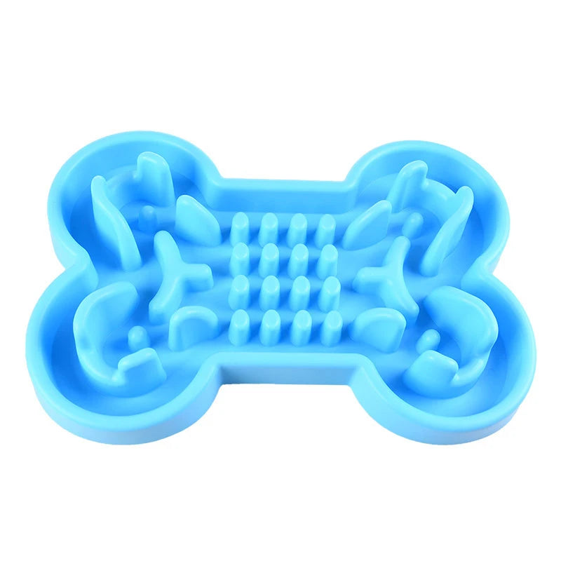 Blue bone-shaped slow feeder dog bowl, soft anti-slip rubber to prevent gulping and aid healthy digestion.