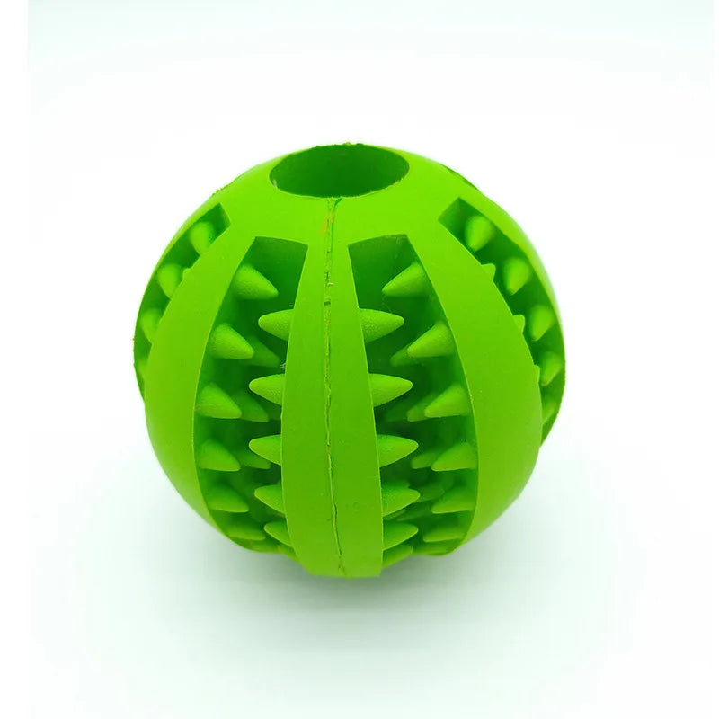 Green TPR rubber ball dog toy for dental cleaning and interactive chewing for puppies and small dogs.