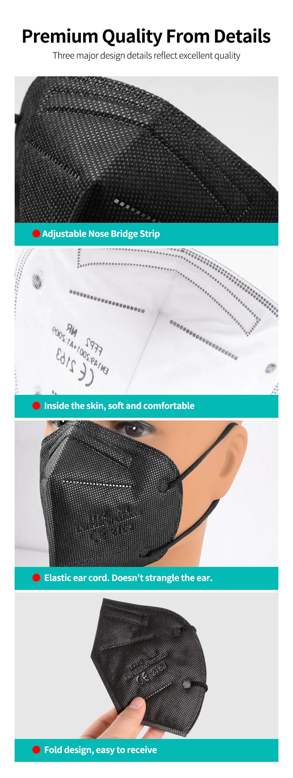 Black KN95 face mask with 5-layer mesh texture, adjustable nose bridge, elastic ear loops, and foldable design.