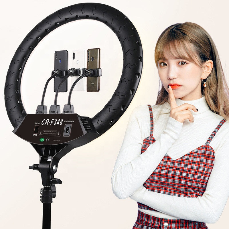 Black CR-F348 circular ring light with three flexible phone mounts for mobile content creation and photography.