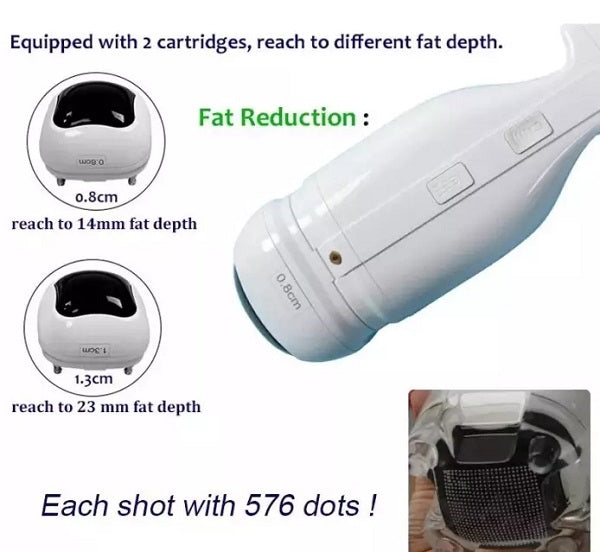 Portable 576-point Liposonic slimming machine in white with two depth-adjustable fat reduction cartridges.
