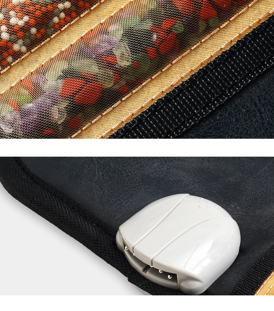 Heated infrared therapy mat with beige mesh panels, multicolored mineral stones, and a grey plastic remote controller.