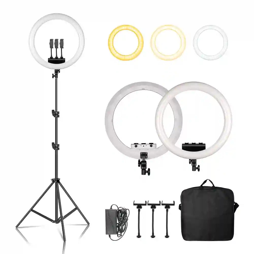 Large LED ring light with adjustable tripod stand, three phone holders, power adapter, and carrying case for