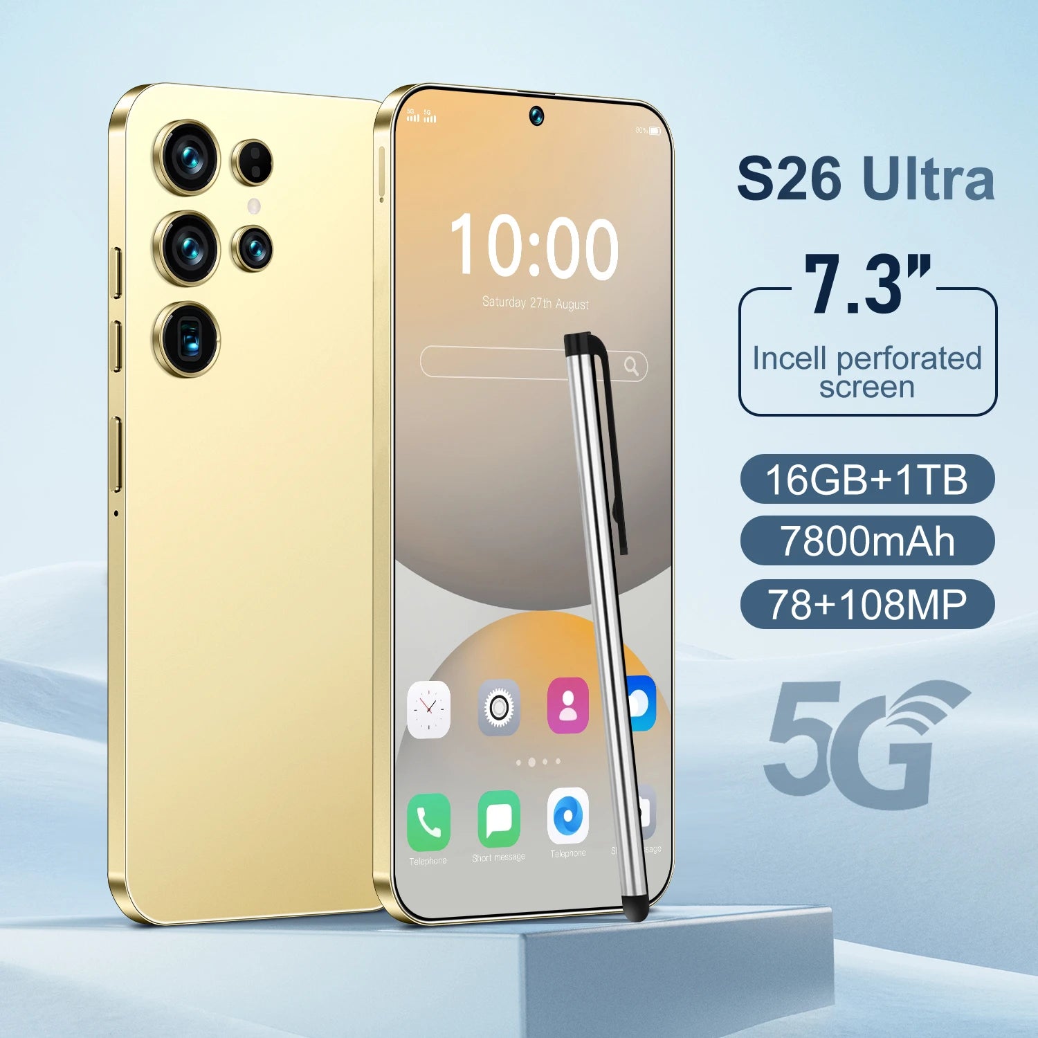 5G Smartphone 16GB RAM 1TB Storage - 7.3-inch HD Display Unlocked Golden 16g 1TB Tidesmit