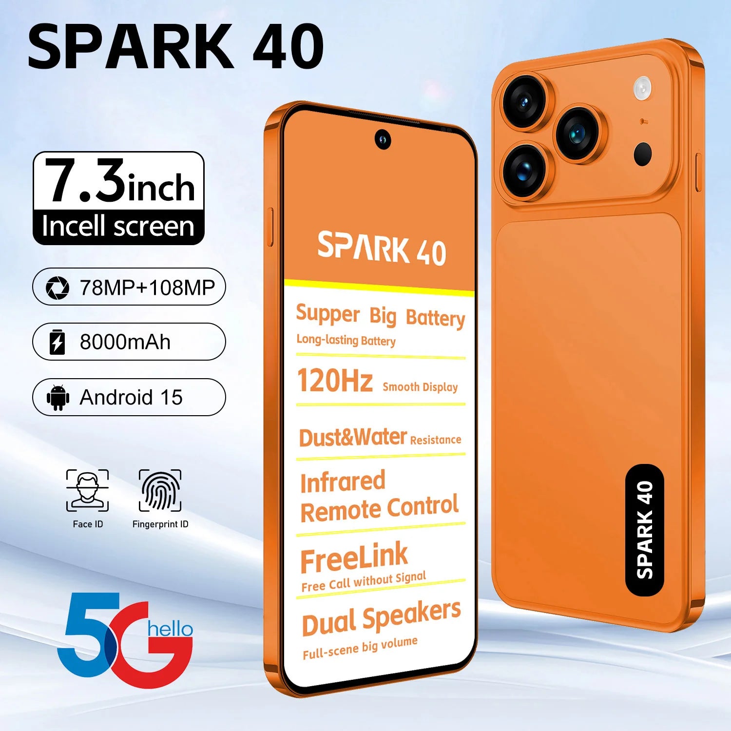SPARK 40 5G unlocked smartphone in 7th gallery view featuring dual 78MP and 108MP camera with 8000mAh battery