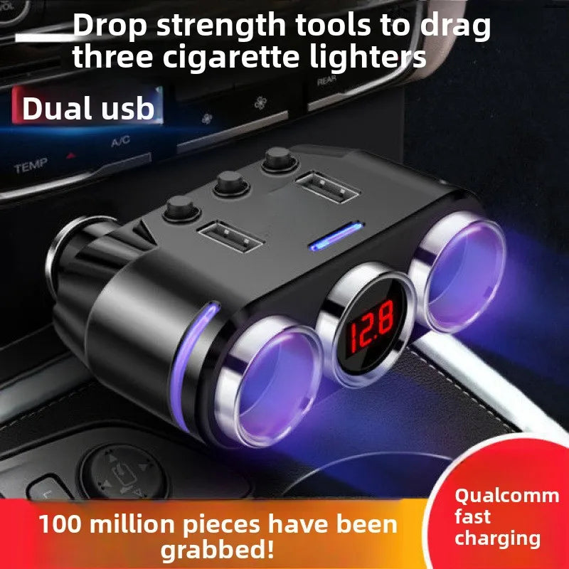 Multifunctional Car Charger USB Socket One-Touch Three-Cigarette Lighter 12-24V Voltage Monitoring Fast Charging for Cell Phones Tidesmit