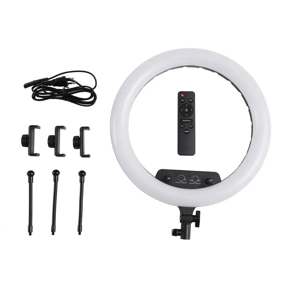 LED ring light with remote, power cord, three phone clips, and flexible mounts for photography and video lighting.