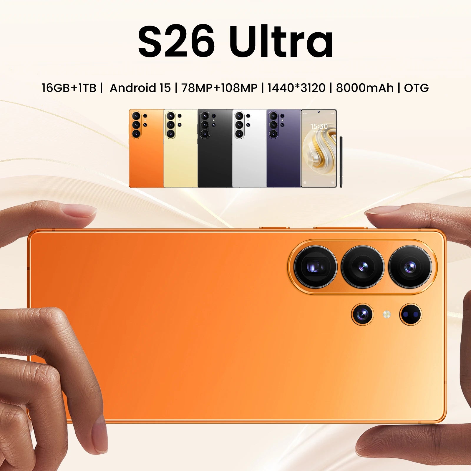 S26 Ultra smartphone in gold featuring 22GB RAM 2TB storage Android 15 and 108MP camera, gallery view 7
