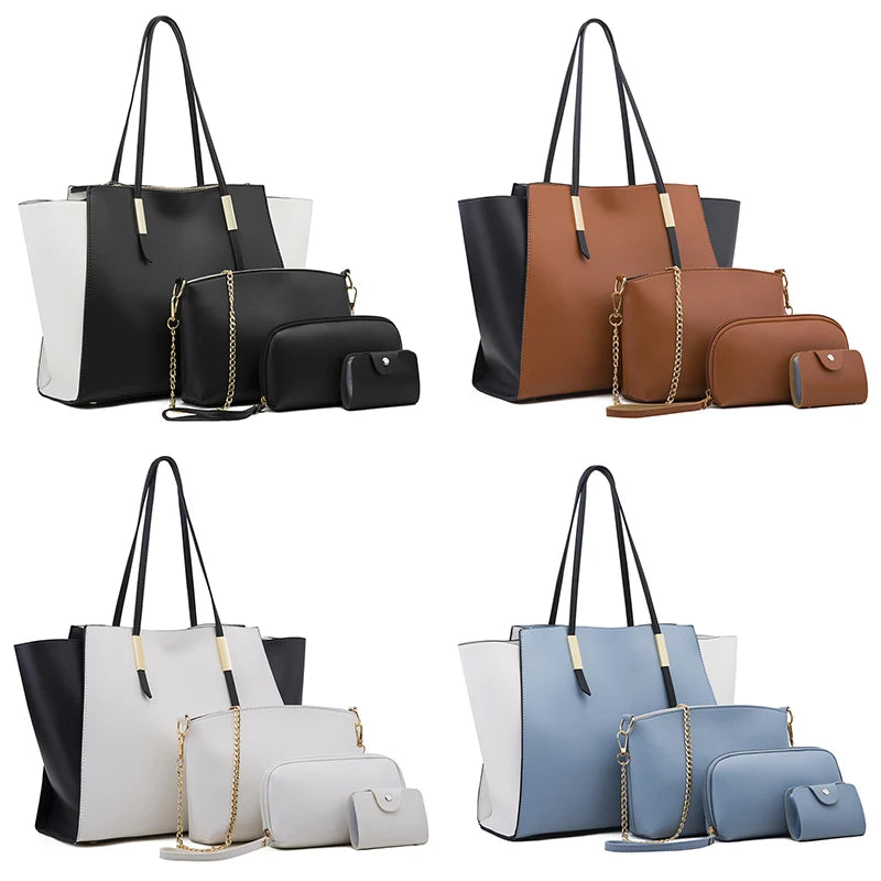 4-piece set of foldable PU leather satchel trunks and handbags in black, brown, white, and blue with gold chain straps.