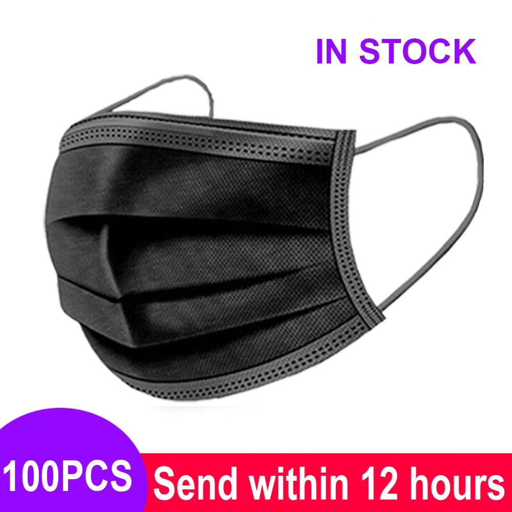 Disposable 3-layer black non-woven face mask with meltblown fabric filter and elastic ear loops.