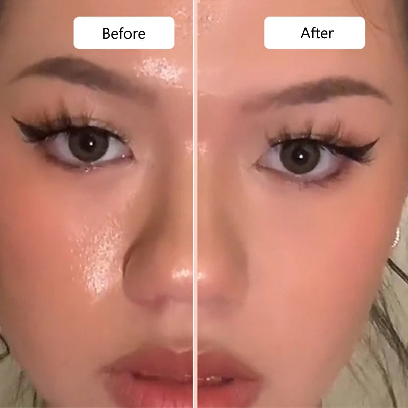 Before and after comparison of a person's face showing oil reduction using a volcanic stone oil-absorbing roller.