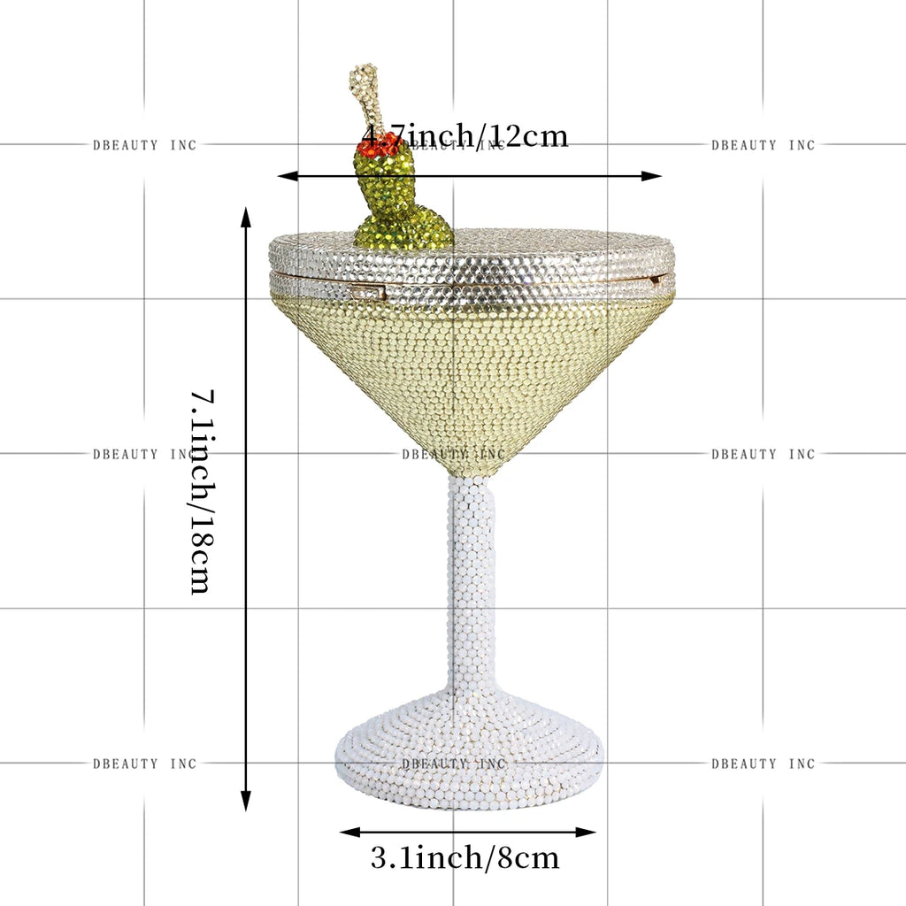 Martini glass-shaped designer evening clutch covered in gold, silver, and green crystals for formal party weddings.