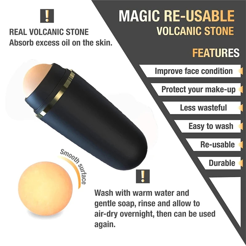 A matte black oil-absorbing face roller with a round, beige volcanic stone ball and gold-tone trim.