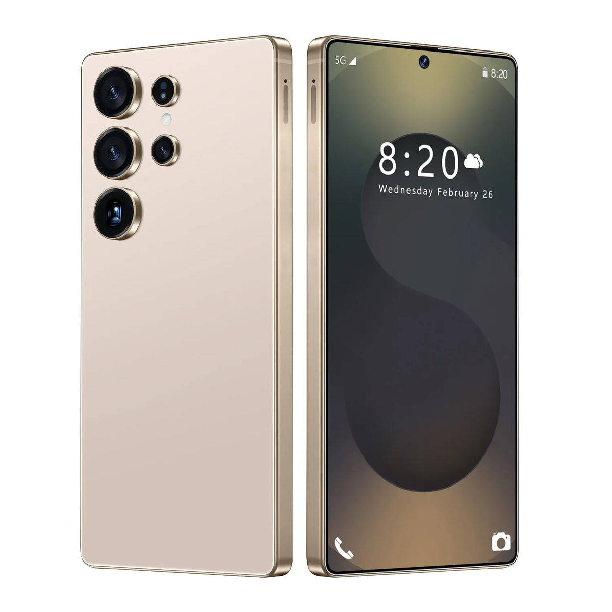 Gold dual-SIM smartphone with four-lens camera module and front display, slim bezel