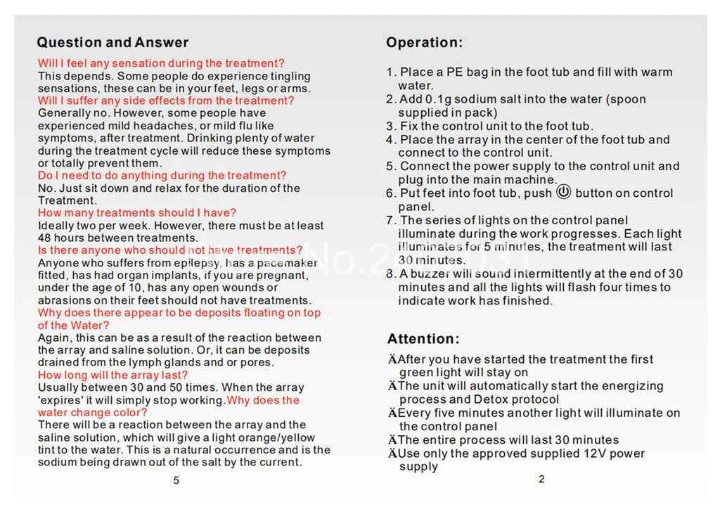 Instruction manual text for electric ionic foot spa detox machine, detailing setup, operation, and safety guidelines.