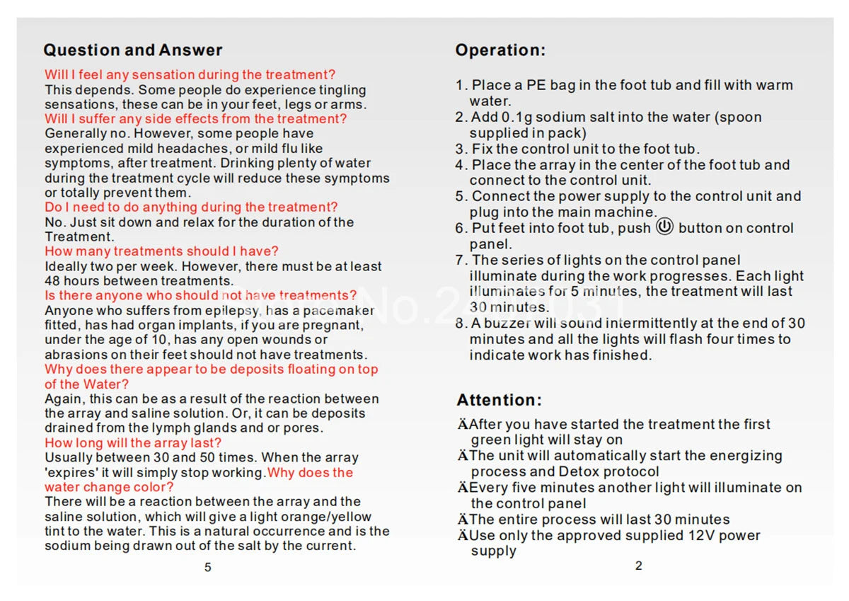 Instruction manual text for electric ionic foot spa detox machine, detailing setup, operation, and safety guidelines.
