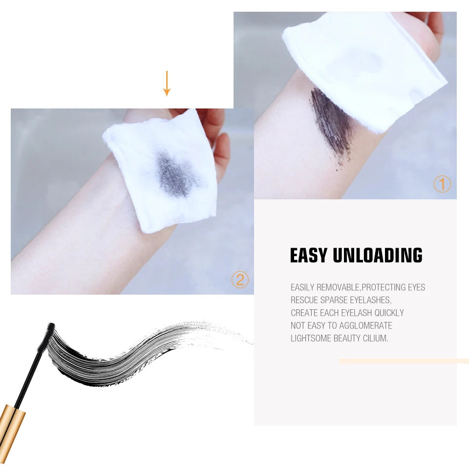 O.TWO.O 3D black mascara showing long-wear lash extension texture and easy makeup removal with a cotton pad.