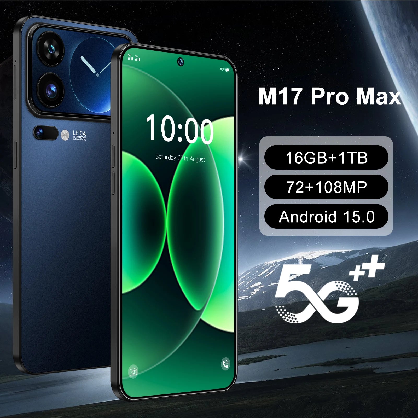 M17 Pro Max 5G smartphone 7.3-inch OLED display 16GB RAM 1TB storage dual camera system gallery view