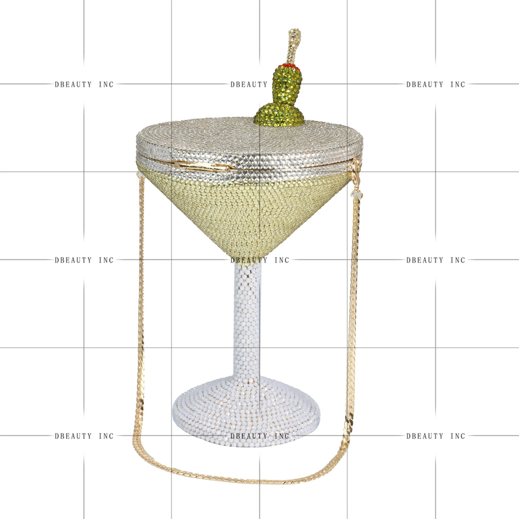 Martini glass evening clutch, crystal-embellished designer handbag with olive detail and gold chain strap.