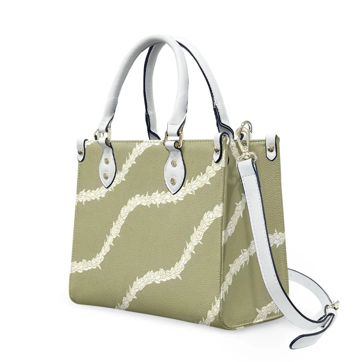 Olive green leather shoulder bag with white Samoan tribal floral print, white handles, and detachable strap.