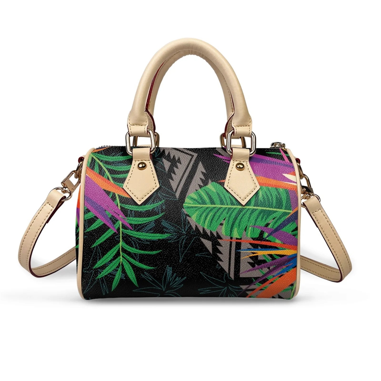 Waterproof PU handbag with Samoan tribal pattern, tropical leaf print, beige handles, and detachable cross-body strap.