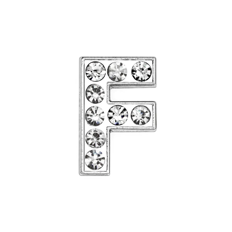 Silver rhinestone letter F slide charm for 8mm DIY pet collars to personalize your dog or cat's name tag accessories.