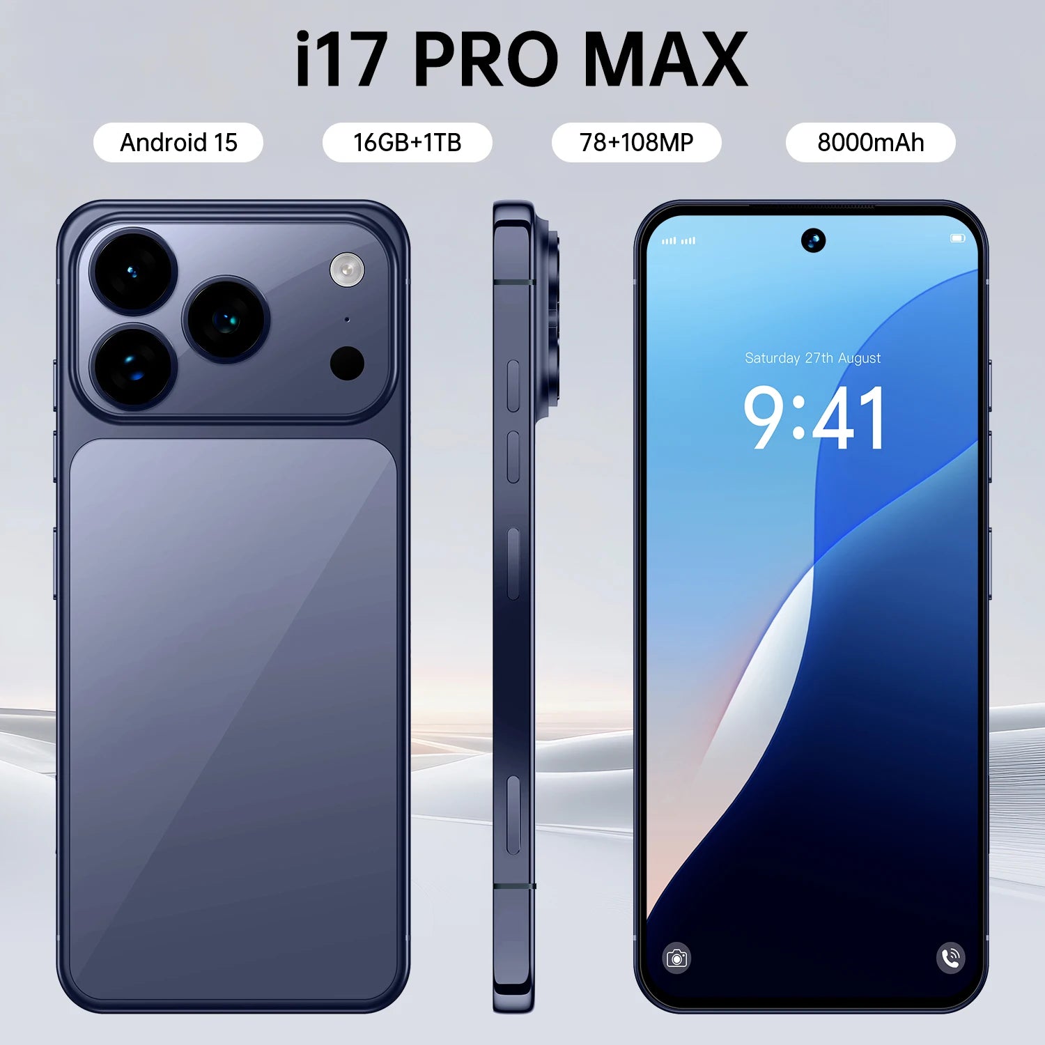 New 2025 I17 17 Pro Max 5G smartphone with 7.3-inch 144Hz display, 108MP camera, and 16GB RAM 1TB storage.