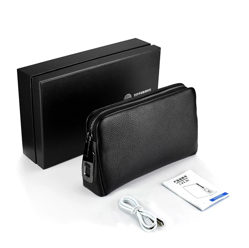 Black genuine leather men’s clutch bag with fingerprint lock, zipper closure, and gift box. Designer travel accessory.