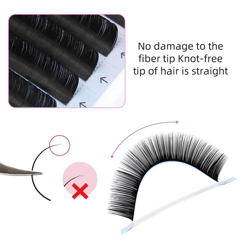 Black 0.03mm silk Russian volume lash extension strips with a knot-free, straight, and damage-resistant fiber tip.