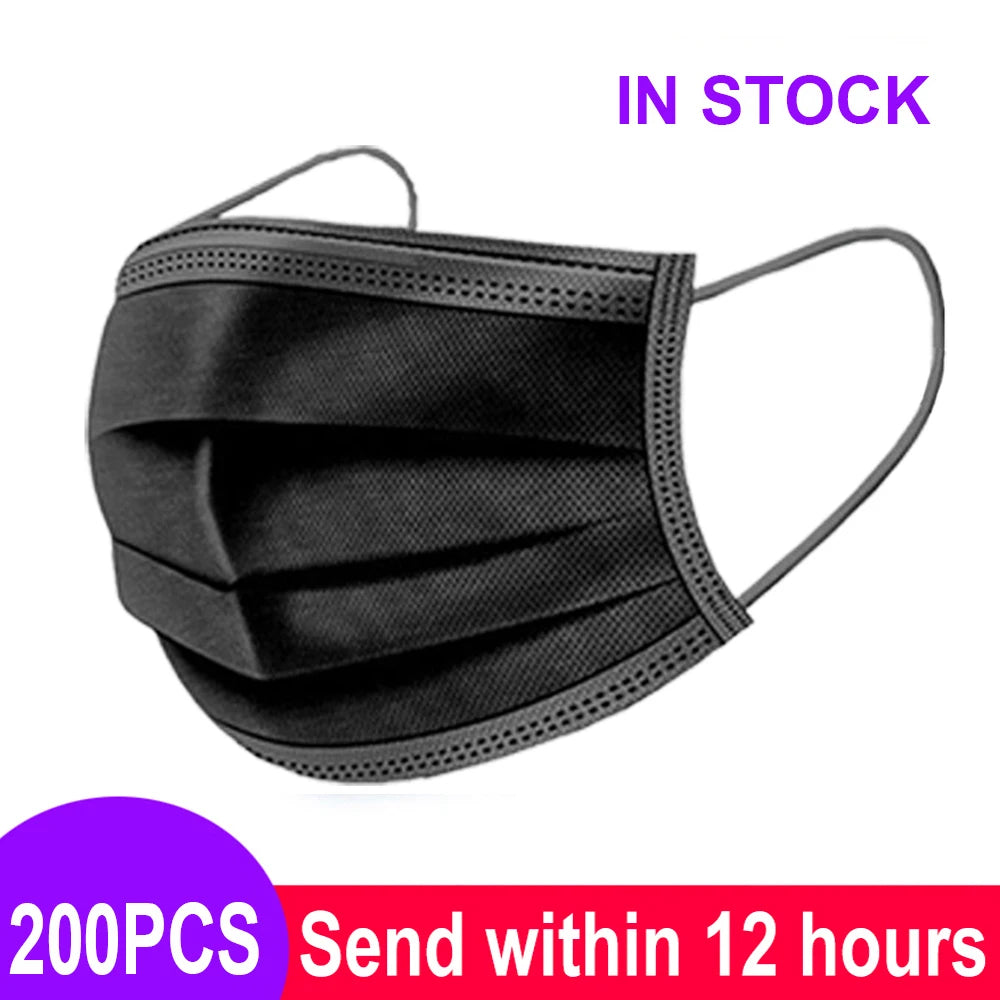 Black 3-layer disposable face mask with meltblown cloth, textured non-woven fabric, and comfortable elastic ear loops.